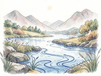 Landscape where water is embroidered in blue thread, everything else is photogra