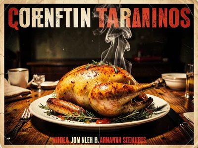 Golden roasted turkey on platter with herb garnish, steam rising, dining table