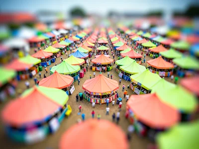 Grandstand tilt-shift photograph of a state fair midway, saturated coral and lim