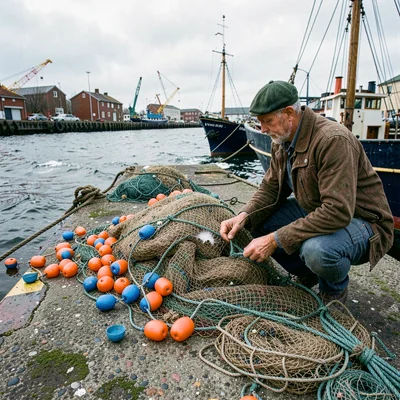 Port city documentary photograph, Fishing nets drying on a concrete pier, orange