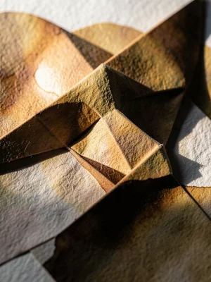 Wet-folded origami mask in thick watercolor paper, smooth organic curves impossi