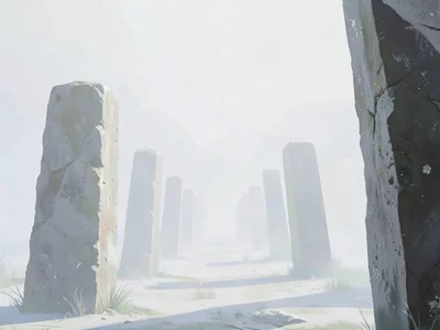 Avenue of standing stones receding into white, each successive pair fainter than