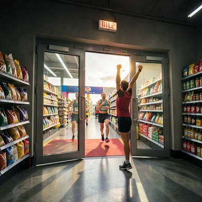 Inspiring marathon finish line that is a grocery store automatic door