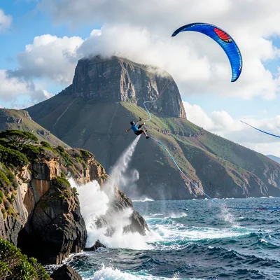 Cape Town mountain-sea duality, Table Mountain backdrop, kite surfer airborne ag