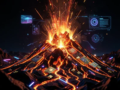 Volcano erupting but lava is molten copper and gold electronic components
