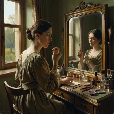 A woman at a vanity table applying lipstick, mirror reflecting the window light,