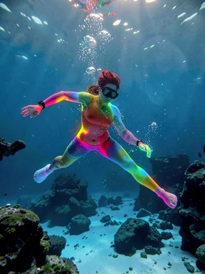 Underwater swimmer, body channel-shifted into RGB components drifting apart