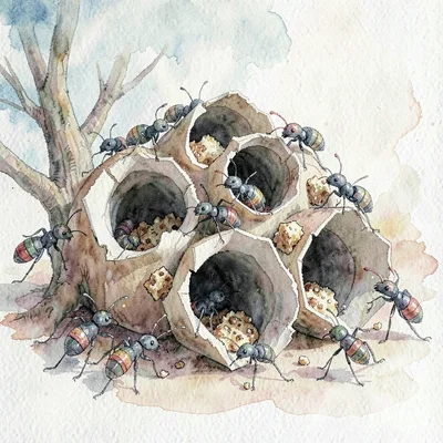 A pop-up paper ant-colony with torn-paper tunnels and crayon ants carrying crumb