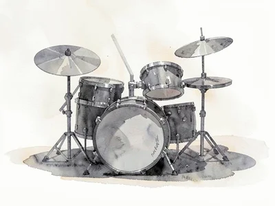 Smoky lowpoly drum kit reduced to faceted grey shells and crisp cymbal discs cas