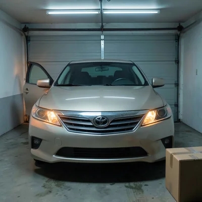 > A 2008 Toyota Camry in driftwood-pearl (beige-silver) photographed head-on in a one-car residential garage at 3 a.m., 