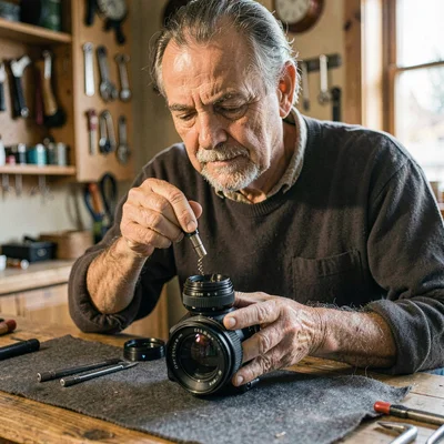 Atmospheric portrait of a shopkeeper unscrewing a lens from a body on a felt mat