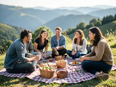 Group of friends sharing a picnic on a hillside, blanket and baskets spread out