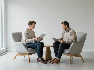 Two colleagues reviewing a document on a tablet, sitting in modern lounge chairs