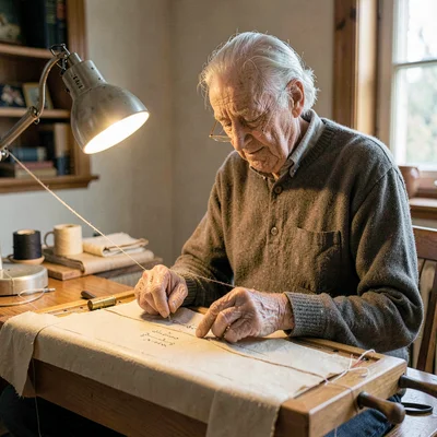 A patient elder Polish parchment-binder in his seventies hammering signatures al