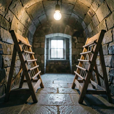Two A-frame riddling racks angled in a cool stone cellar, warm bulb above