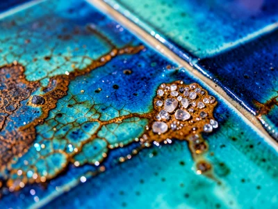 Ceramic tiles in graduating blues and turquoises, pool-edge aesthetic