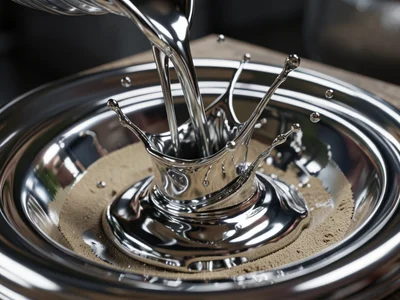 Close-up of casting being poured, liquid metal filling sand mold cavity