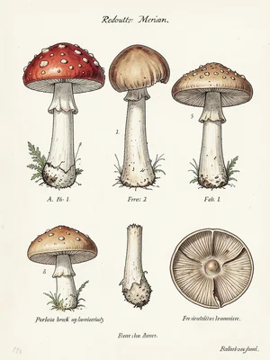 A mushroom specimen sheet: fly agaric at three growth stages (button, partial ve