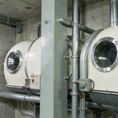 Service module detail — exposed conduit runs and junction boxes bolted to painte