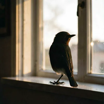Atmospheric ig-teaser of a perched bird silhouette against soft window light, wa