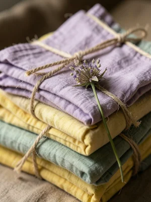 A stack of pastel-dyed linen napkins — lavender, sage, butter yellow — folded an