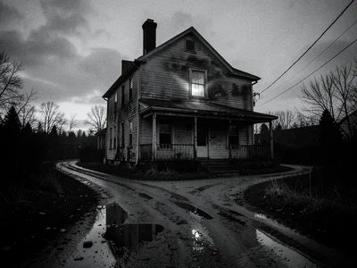 Abandoned house at end of dirt road, single light in upstairs window, twilight