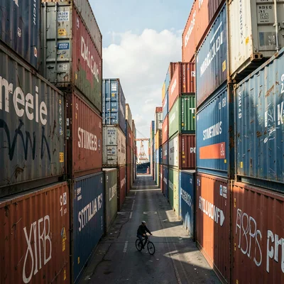 Port city documentary photograph, Stacked shipping containers creating a canyon 