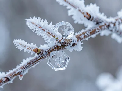 Crystal plates on branch showing hexagon