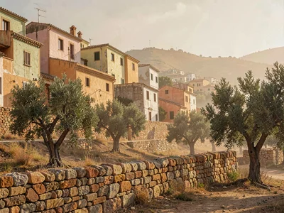 Quiet olive grove at dusty afternoon, dry-stone wall in the foreground dividing 