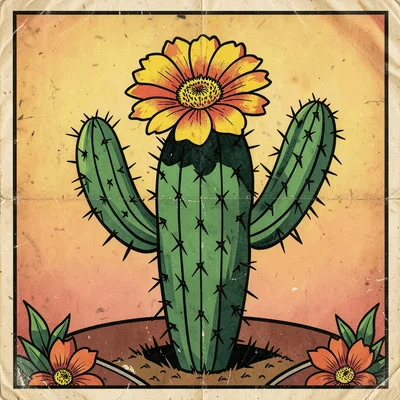 Mexican lotería card illustration, a cactus with a single bright flower blooming