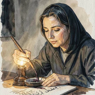 A focused Iraqi calligrapher in her thirties dipping a reed pen into ink, lamp o