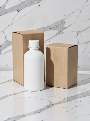 White bottle and kraft box pairing on marble