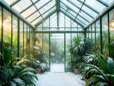 A greenhouse in a blizzard: the contrast of white snow against the glass, green 