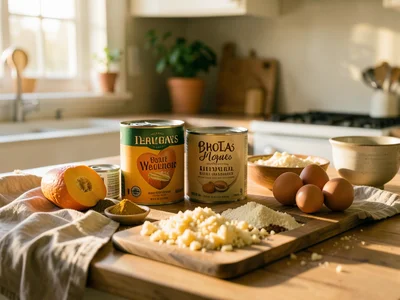 Pie ingredients spread across kitchen counter, canned pumpkin, spices, eggs, cru