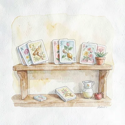 Soft-wash watercolor of a tidy shelf with picture-card decks and small props, ca