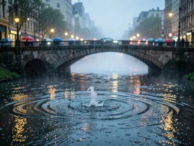 A stone bridge over a swollen river in rain, the water surface alive with impact