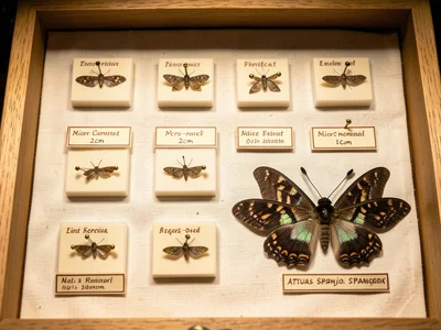 An open wooden museum drawer containing a grid of twelve pinned moth specimens a