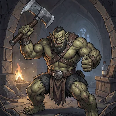 RPG sourcebook illustration, a half-orc barbarian in rage, muscles tensed, great