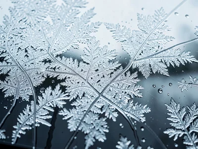 Car windshield with morning frost patterns, crystalline glass texture