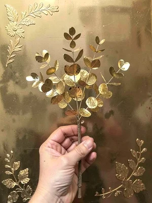 A hand holding a small dried bundle of eucalyptus with gold-tipped leaves