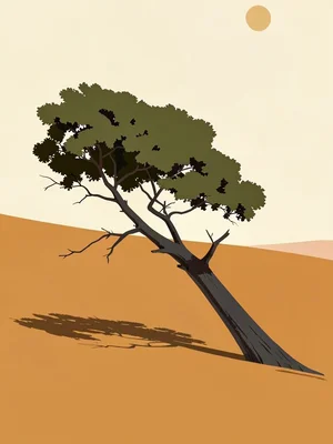 Wind-bent solitary tree leans against a vast ochre plateau under a sun-bleached 
