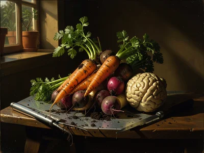 An arrangement of root vegetables pulled from the earth with soil still clinging