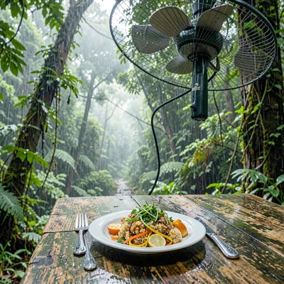 Monteverde cloud forest, filtered canopy light, Fresh casado lunch served on wor