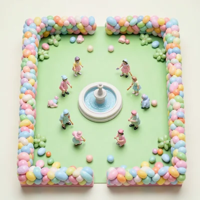 A miniature Easter egg hunt scene — a symmetrical garden with candy-colored hedg