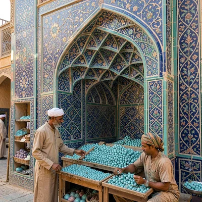 Isfahan Safavid tilework, turquoise geometric infinity, Vendor selling turquoise