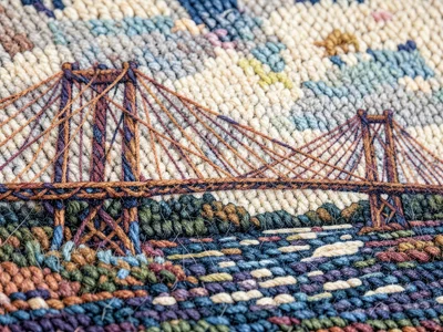 A suspension bridge spanning a river, the cables depicted as pulled yarn fibers