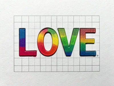 Letterpress LOVE in rainbow ink split fountain, gradient across letters