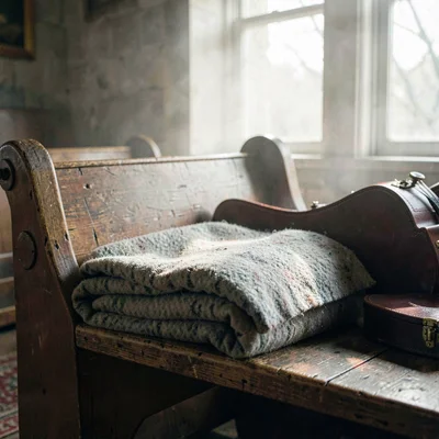 Atmospheric subscription-page hero of a folded blanket on a worn pew with a fidd