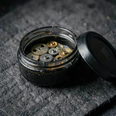 Charcoal of an open jar of mainspring coils on a felt mat