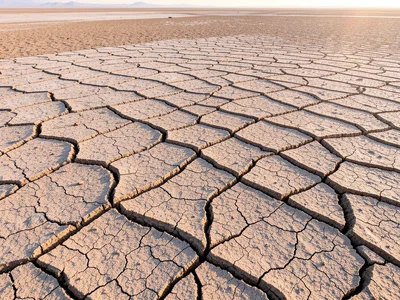 Cracked dried mud forming geometric patterns, salt flat, aerial perspective